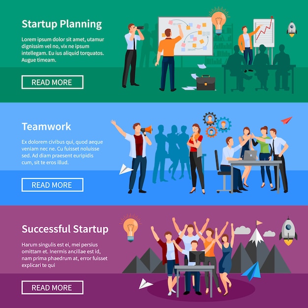 Succesvol opstarten van 3 platte horizontale banners webpagina ontwerp met innovatieve productplanning en thee Gratis Vector