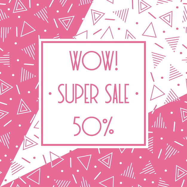 Super verkoop memphis banner. korting tot 50 procent korting. winkel nu. halve prijs korting. Premium Vector