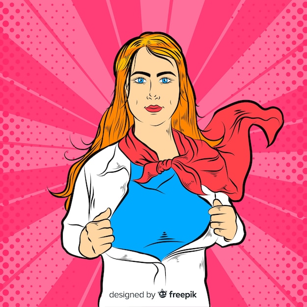 Superheldinekarakter met pop-artstijl Gratis Vector