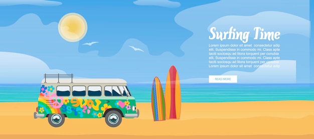Surfen van op het zandstrand, surfplank, zee golven en heldere zonnige dag vectorillustratie. surf busontwerp voor sportvakantie met tekstsjabloon. Premium Vector