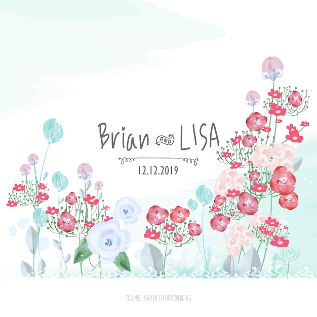 Sweet floral wedding card in aquarel stijl. Premium Vector