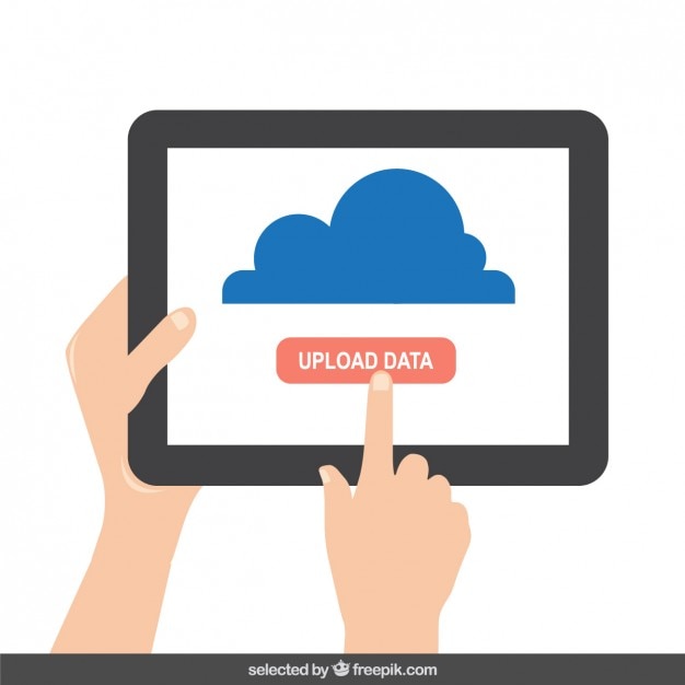 Tablet met upload data knop op het scherm Gratis Vector