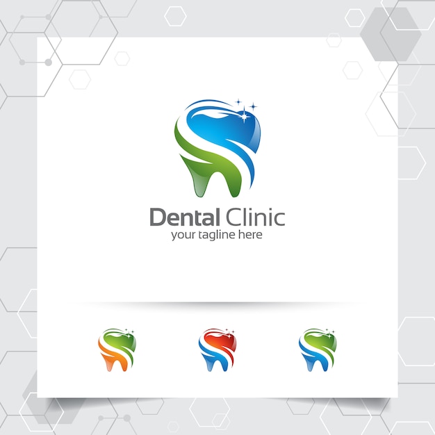 Tandheelkundige logo ontwerp vector met moderne kleurrijke concept voor tandarts. Premium Vector