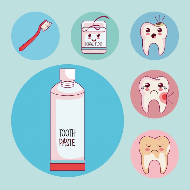 Tandheelkundige zorg set pictogrammen Gratis Vector