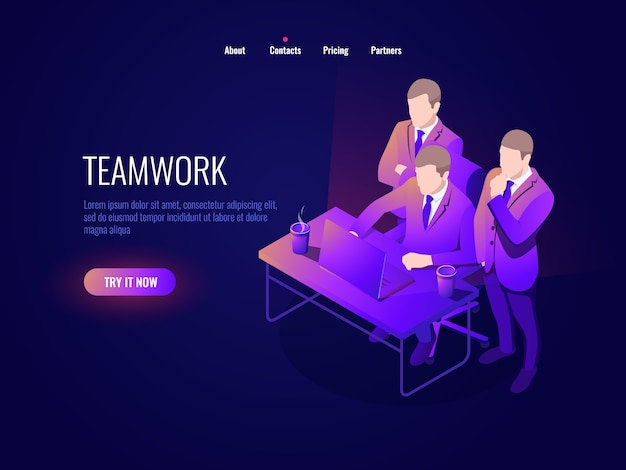 Teamwerk pictogram isometrie, collectieve discussie, projectdiscussie, opstarten, bedrijfsbeheer Gratis Vector