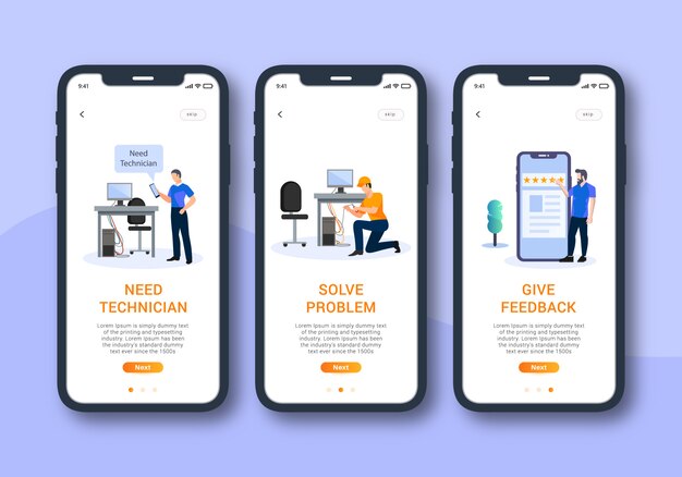 Technicus service set van onboarding scherm mobiele ui Premium Vector