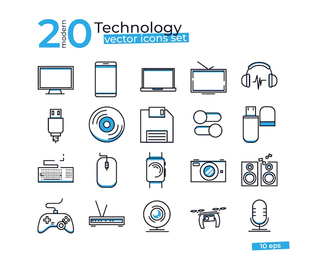 Technologieobjecten pictogrammen die voor ontwerp online opslag worden geplaatst. Gratis Vector