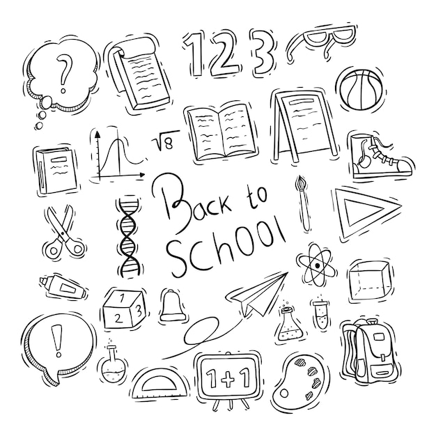 Terug naar school elementen of pictogrammen collectie met doodle stijl Premium Vector