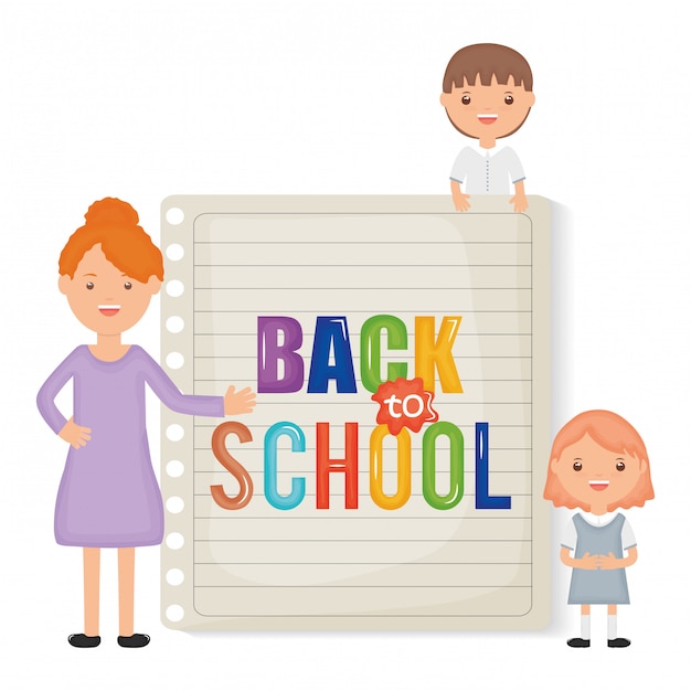 Terug naar school. jonge vrouwelijke leraar met kleine studentenjonge geitjes Gratis Vector