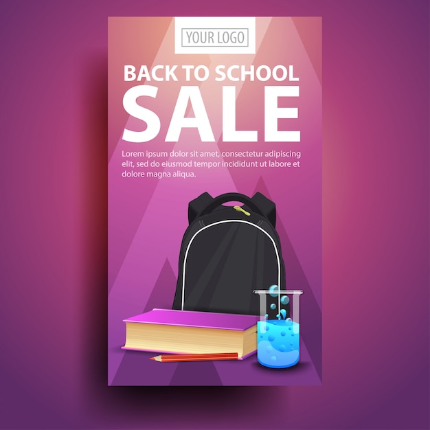 Terug naar school, moderne, modieuze verticale banner voor uw zaken met schoolrugzak Premium Vector