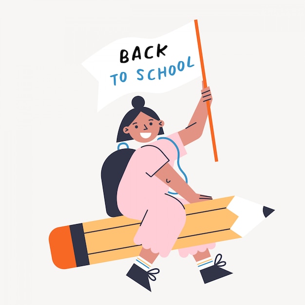 Terug naar school vectorillustratie met kind en potlood. meisje houdt vlag en vliegt op de pen. platte ontwerp kleurrijke illustratie. Premium Vector