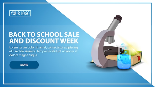Terug naar school verkoop en kortingsweek, korting webbannermalplaatje voor uw website in een moderne stijl met microscoop Premium Vector