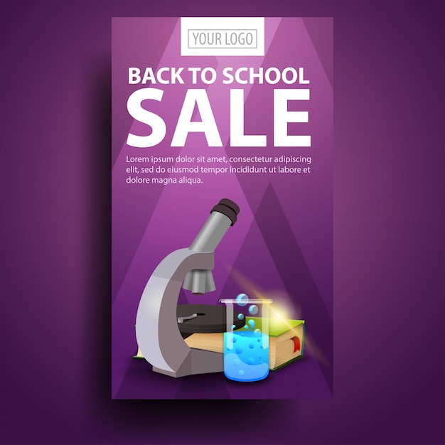 Terug naar school verticale banner met microscoop Premium Vector