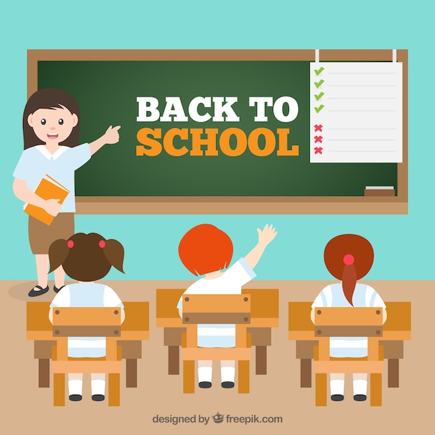 Terug naar schoolachtergrond met kinderen Gratis Vector