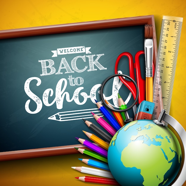 Terug naar schoolontwerp met bol en bord op gele achtergrond Premium Vector