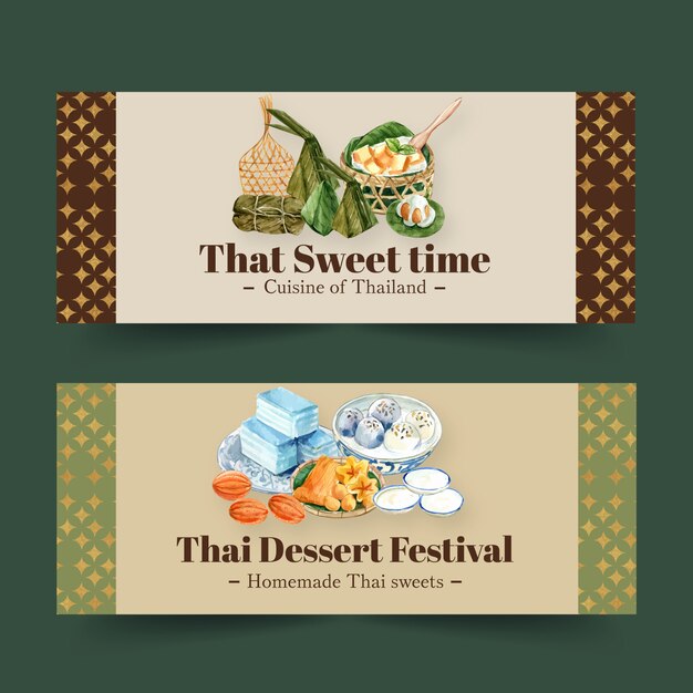 Thais zoet bannerontwerp met minicastella, de gouden illustratie van de dradenwaterverf. Gratis Vector
