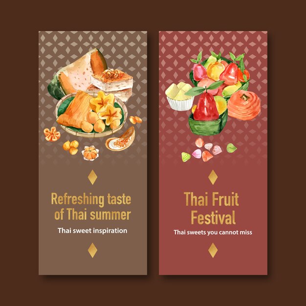 Thaise zoete banner met thaise vla, imitatievruchten waterverfillustratie. Gratis Vector