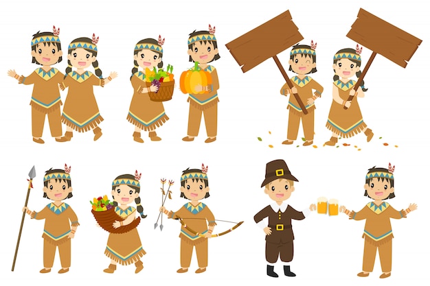 Thanksgiving inboorlingen paar cartoon karakter vector set. Premium Vector