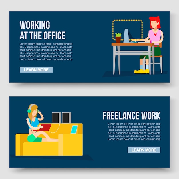 Thuis werken en freelance vectorillustratie met tekstsjabloon. ontspanning. werk waar u maar wilt met plezier. de computer van meisjes freelancer arbeider thuis en met laptop en muzieksprekers op bank. Premium Vector