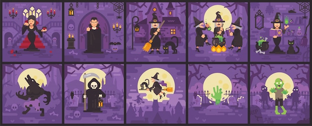 Tien halloween-scènes met heksen, zombies, weerwolven magere hein. halloween vlakke afbeelding | Premium Vector