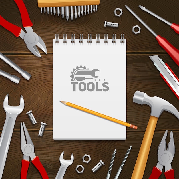 Timmerwerk bouw reparatie instrumenten tools met samenstelling van het notitieblok op donkere hout achtergrond Gratis Vector