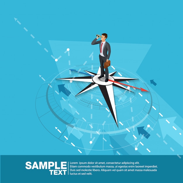 Toekomstige business leader concept finance manager business man op kompas. flat isometric people executive manager vector investor trader zakelijke toekomstvisie individueel succes Premium Vector