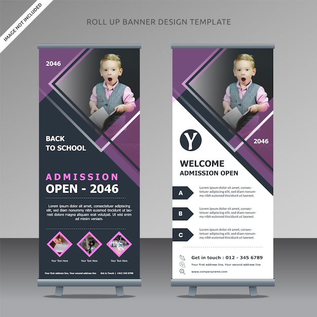 Toelating open rollup xbanner ontwerpsjabloon terug naar school, georganiseerde laag Premium Vector