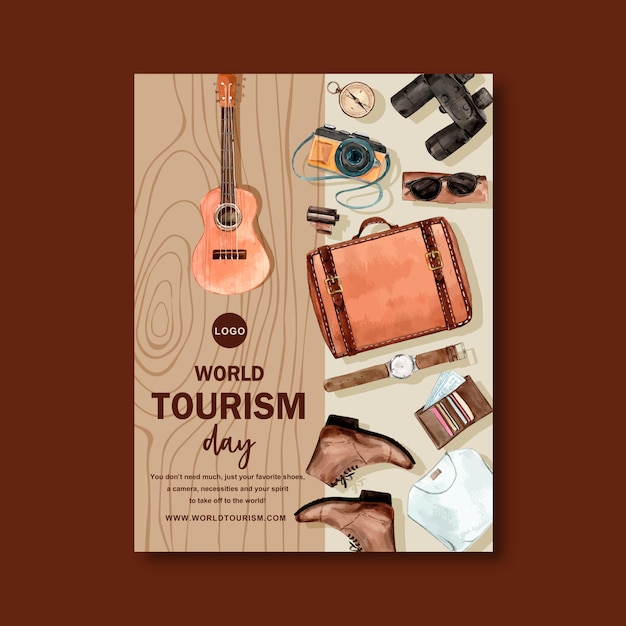 Toerisme dag flyer ontwerp met bruin hout, ukelele, leer Gratis Vector
