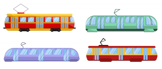 Tram auto pictogrammen instellen, cartoon stijl Premium Vector