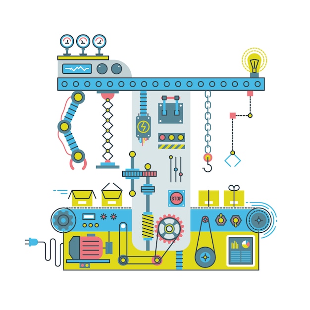 Transportrobotsysteem met manipulators. technlologieproces plat Premium Vector
