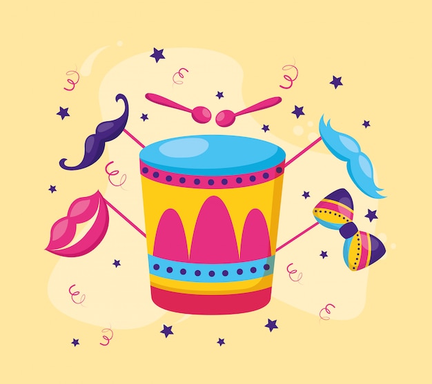 Trommel met lippen snor stokken Gratis Vector