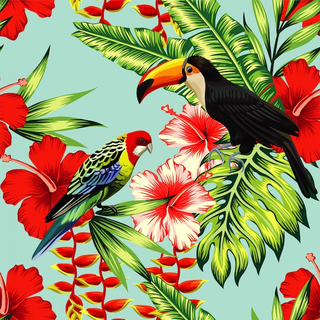 Tropische vogeltoekan en veelkleurige papegaai op de achtergrond exotische bloemhibiscus en palmblad. print zomerbloemenplant. natuur dieren behang. naadloos vectorpatroon Premium Vector
