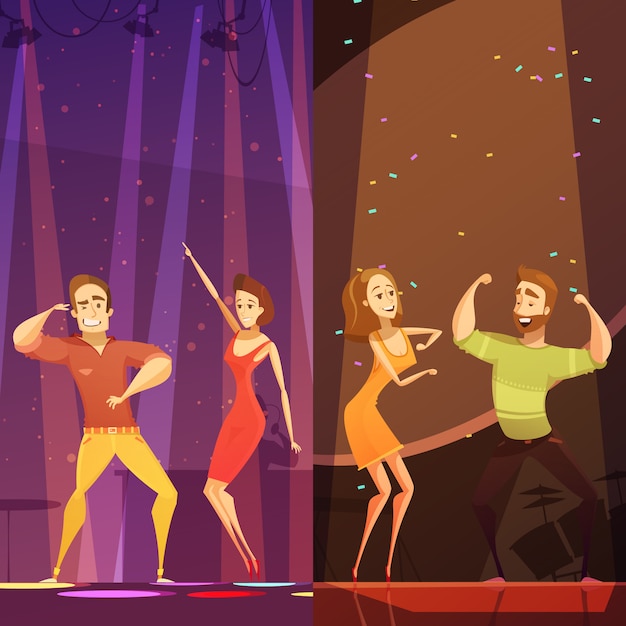 Twee jonge paren die in kleurrijke schijnwerpers bij discoclub dansen Gratis Vector