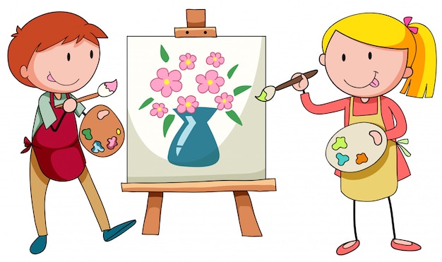 Twee kunstenaars die op canvas schilderen Gratis Vector
