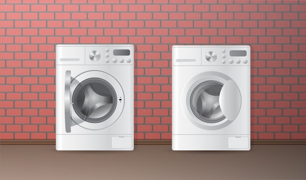 Twee vector realistische witte lege automatische wasmachine Premium Vector