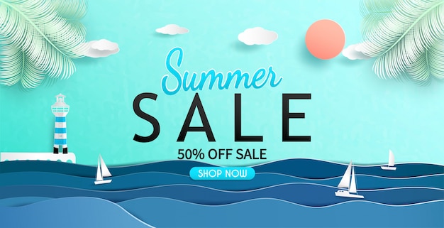 Uitzicht op zee en zomer verkoop ontwerp van de banner met papier knippen. Premium Vector
