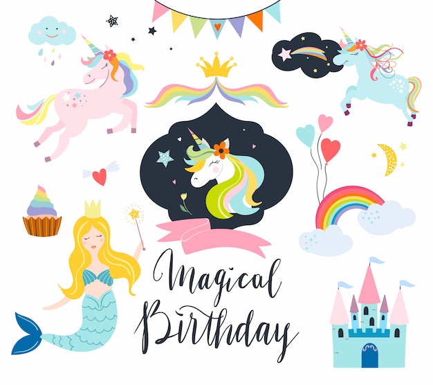 Unicorns-collectie met fantasie-elementen voor verjaardagsevenementen, kaarten of uitnodiging Premium Vector
