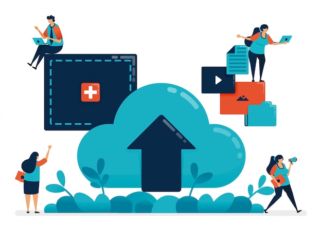 Upload bestanden en documenten naar mappen in de cloud, verhuurdiensten voor hosting en domeinen. Premium Vector