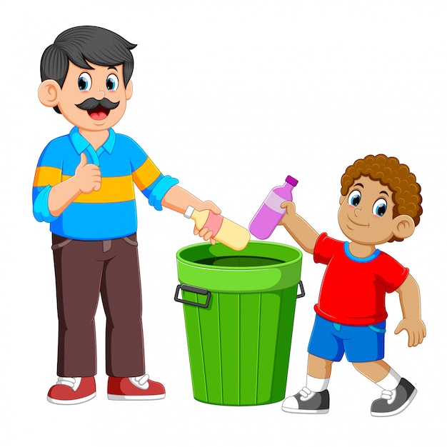 Vader en zijn zoon die de plastic fles van vuilnis verzamelen Premium Vector