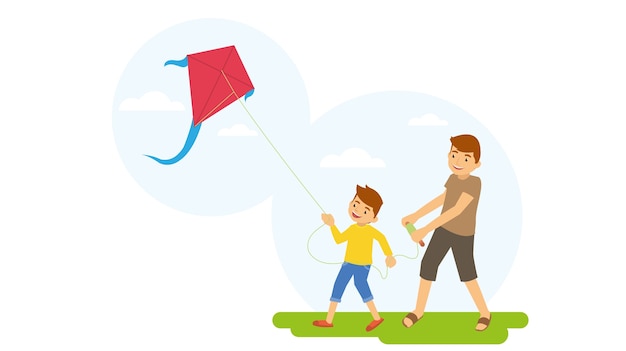 Vader en zoon die buiten het spelen van vlieger hangen Premium Vector