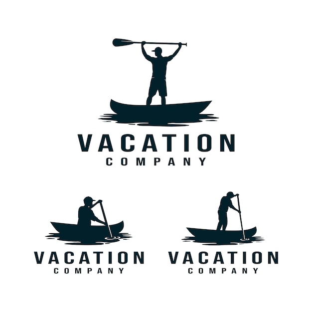Vakantie, kajak, kano-logo. man roeien Premium Vector