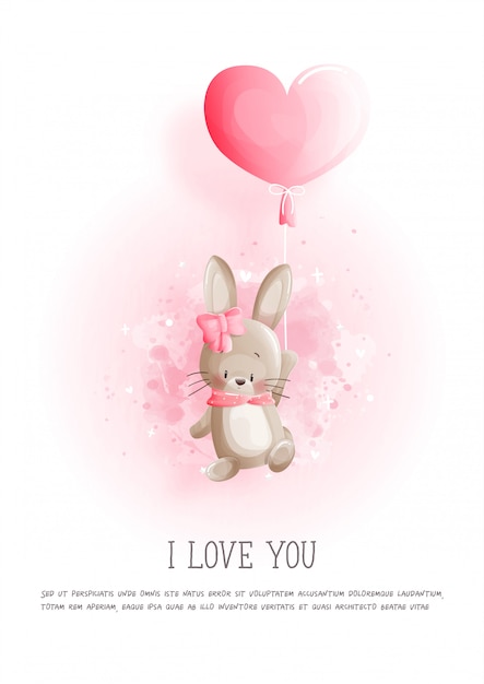 Valentijnsdag kaart met schattige konijntje en hart ballon Premium Vector