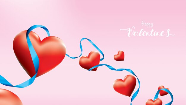 Valentine 3d kleurrijke rode romantische harten vorm vliegen en drijvende blauwe zijden lint op roze achtergrond. Premium Vector