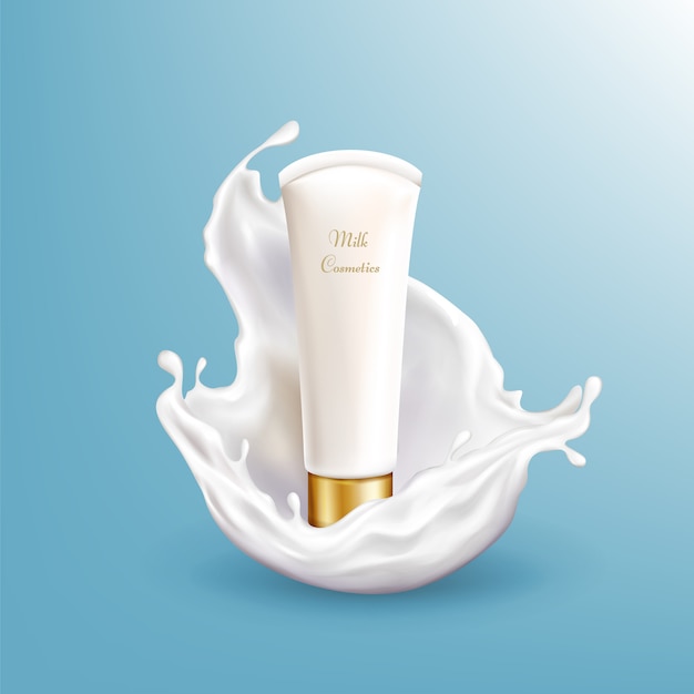 Vector 3d realistische melk cosmetische in witte spatten geïsoleerd op blauwe achtergrond. Gratis Vector