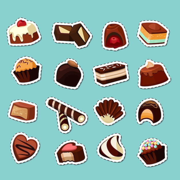 Vector cartoon chocolade snoepjes stickers instellen geïsoleerd Premium Vector