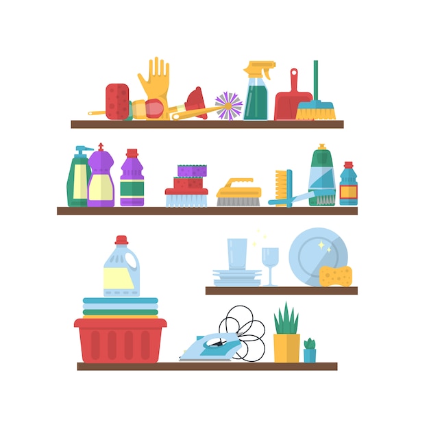 Vector die vlakke elementen op plankenillustratie schoonmaken Premium Vector
