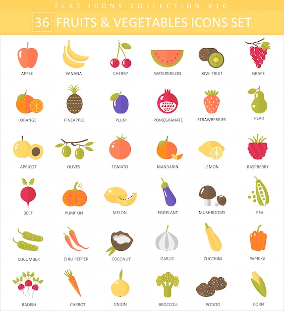 Vector groenten en fruit kleur platte pictogramserie. elegant stijlontwerp. Premium Vector