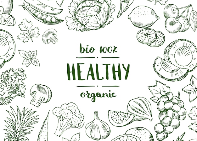 Vector horizontale krabbel handdrawn vruchten en groenten veganist, gezonde voedselbanner en affiche met achtergrondgroentenillustratie Premium Vector