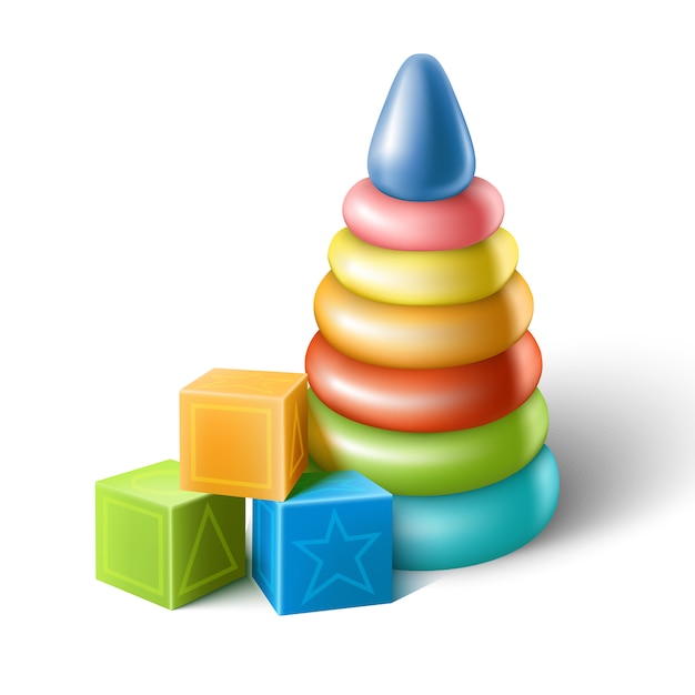 Vector icon set van baby plastic speelgoed, kubussen en kleurrijke piramide. Premium Vector