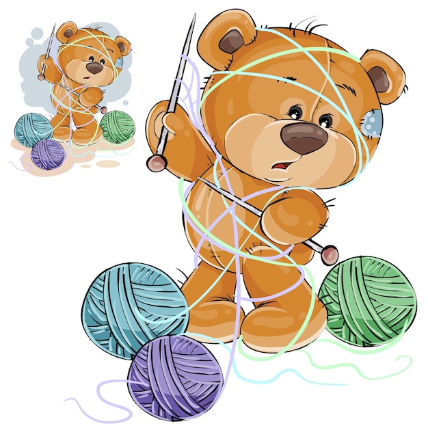 Vector illustratie van een bruine teddybeer die een breinaald in zijn poot houdt en verward in draden Gratis Vector